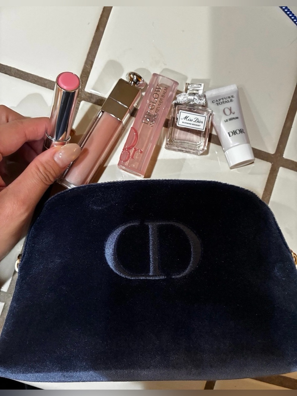 Dior Pink Lipstick and Gloss Set with Navy Velvet Pouch